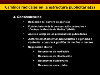 Cambios radicales en la estructura publicitaria(2) 3. Consecuencias:  Reducción del número de agencias Fortalecimiento de la concentración de medios > “Centros de Gestión de Medios” (GdM) Ajuste a la baja de los presupuestos publicitarios Actores en el sistema: anunciantes + agencias + centrales  compras+ gestión de medios + medios Negociación abierta Descuentos de mediación Descuentos de planificación Descuentos estacionales Descuentos comerciales 