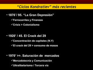 “ Ciclos Kondratiev” más recientes 1870´/ 95. “La Gran Depresión” Ferrocarriles y Finanzas Crisis > Colonialismo 1920’ / 45. El Crack del 29 Concentración de capitales (N.Y) El crack del 29 > consumo de masas 1970’ >>. Saturación de  mercados Mercadotecnia y Comunicación Ultralibelarismo / Tercera vía 