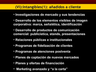 (Vi):Intangibles(1): añadidos a cliente Investigaciones de mercado y sus tendencias Desarrollo de los elementos visibles de imagen corporativa: marca, señalética, identificación Desarrollo de productos de comunicación comercial: publicística, stands, presentaciones Relaciones públicas e institucionales Programas de fidelización de clientes Programas de atenciones postventa Planes de captación de nuevos mercados Planes y ofertas de financiación Marketing avanzado y “a la carta” 