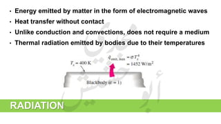 RADIATION
• Energy emitted by matter in the form of electromagnetic waves
• Heat transfer without contact
• Unlike conduction and convections, does not require a medium
• Thermal radiation emitted by bodies due to their temperatures
 