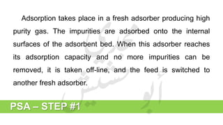 PSA – STEP #1
Adsorption takes place in a fresh adsorber producing high
purity gas. The impurities are adsorbed onto the internal
surfaces of the adsorbent bed. When this adsorber reaches
its adsorption capacity and no more impurities can be
removed, it is taken off-line, and the feed is switched to
another fresh adsorber.
 
