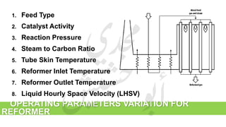 1. Feed Type
2. Catalyst Activity
3. Reaction Pressure
4. Steam to Carbon Ratio
5. Tube Skin Temperature
6. Reformer Inlet Temperature
7. Reformer Outlet Temperature
8. Liquid Hourly Space Velocity (LHSV)
OPERATING PARAMETERS VARIATION FOR
REFORMER
 