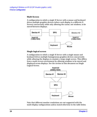 configuring X Windows on HP-UX (HP Visualize graphics cards)
X Server configuration
Chapter 224
Multi-Screen
A configuration in which a single X Server with a mouse and keyboard
drives multiple graphics devices (where each display is a different X
Screen) concurrently while only allowing the cursor, not windows, to be
moved between displays.
Single logical screen
A configuration in which a single X Server with a single mouse and
keyboard drives multiple homogeneous graphics devices concurrently
while allowing the displays to emulate a large single screen. This differs
from a multi-screen environment by allowing windows to be moved and
displayed across displays. See the section in this document on Single
Logical Screen.
Note that different monitor resolutions are not supported with the
multi-display configurations unless stated otherwise in the table below.
Device #1 Device #2SPU
host:0.0
(1280x1024)
host:0.1
(1280x1024)
Keyboard
Mouse
Device #1 Device #2
SPU
Keyboard Mouse
host:0.0
(2560x1024)
GAG11.book Page 24 Tuesday, February 14, 2006 9:11 AM
 