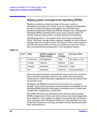 configuring X Windows on HP-UX (other graphics cards)
display power management signaling (DPMS)
Chapter 356
display power management signaling (DPMS)
Monitors constitute a large percentage of the power used by a
workstation even when not actively in use (i.e. during screen blanking).
In order to reduce the power consumption, the Video Electronic
Standards Association (VESA) has defined a Display Power Management
Signaling (DPMS) standard which can be used to greatly reduce the
amount of power being used by a monitor during screen blanking.
The following table is a description of the states that are defined by
VESA. The Power Savings column indicates (roughly) the level of power
savings achieved in the given state. The Recovery Time is the amount of
time that the screen takes to return to a usable state when the screen
saver is turned off (by pressing a key or the moving the mouse).
The actual amount of power saved and the recovery time for each of the
states is monitor dependent and may vary widely. The customer can
compensate for this by choosing an appropriate level for the monitor that
is currently in use.
By default, the DPMS level used is the Screen Saver (i.e. no power
savings). If you wish to use power saving during screen blanking, set the
following XF86Config file entries before starting the server: blank time,
standby time, suspend time, and off time.
The DPMS Extension lets individual users customize their personal
DPMS settings to meet their work styles and any restrictions imposed by
their employers. For example, an employer may decide that all monitors
must save power after 30 minutes of idle time. The individual user may
decide that 30 minutes is too long, and adjust the time downward to meet
their work preference.
Table 3-4
Level State DPMS Compliance
Requirements
Power
Savings
Recovery Time
0 Screen Saver Not Applicable None Very Short (<1 sec)
1 Standby Optional Minimal Short
2 Suspend Mandatory Substantial Longer
3 Off Mandatory Maximum System Dependent
GAG11.book Page 56 Tuesday, February 14, 2006 9:11 AM
 