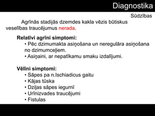 Diagnostika
Relatīvi agrīni simptomi:
• Pēc dzimumakta asiņošana un neregulāra asiņošana
no dzimumceļiem.
• Asiņaini, ar nepatīkamu smaku izdalījumi.
Vēlīni simptomi:
• Sāpes pa n.Ischiadicus gaitu
• Kājas tūska
• Dziļas sāpes iegurnī
• Urīnizvades traucējumi
• Fistulas
Sūdzības
Agrīnās stadijās dzemdes kakla vēzis būtiskus
veselības traucējumus nerada.
 