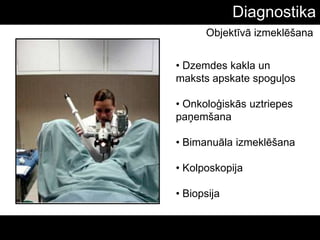 Diagnostika
• Dzemdes kakla un
maksts apskate spoguļos
• Onkoloģiskās uztriepes
paņemšana
• Bimanuāla izmeklēšana
• Kolposkopija
• Biopsija
Objektīvā izmeklēšana
 