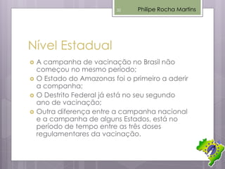 Nível Estadual
 A campanha de vacinação no Brasil não
começou no mesmo período;
 O Estado do Amazonas foi o primeiro a aderir
a companha;
 O Destrito Federal já está no seu segundo
ano de vacinação;
 Outra diferença entre a campanha nacional
e a campanha de alguns Estados, está no
período de tempo entre as três doses
regulamentares da vacinação.
Philipe Rocha Martins32
 