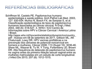 Schiffman M, Castelo PE. Papilomavírus humano:
epidemiologia e saúde pública. Arch Pathol Lab Med. 2003,
127: 930-934. Muñoz N, Bosch FX, de Sanjose S, et al.
Classificação epidemiológica de tipos de papilomavírus
humanos associados ao câncer cervical. N Engl J Med.
2003, 348 (6) :518-527. 3. WHO / ICO Centro de
Informações sobre HPV e Câncer Cervical / América Latina
/ Brasil.
http://apps.who.int/hpvcentre/statistics/dynamic/ico/country_
pdf - Acesso em 08 de setembro de 2011. Gillison ML, AK
Chaturvedi, Lowy DR. HPV vacinas profiláticas e na
prevenção dos cânceres de potencial noncervical em
homens e mulheres. Câncer 2008; 113 (Suppl 10) :3036-46.
Shew ML, Weaver B, Tu W, Y Tong, Fortenberry JD, Brown
DR. Alta frequência de detecção do papilomavírus humano
na vagina antes da primeira relação sexual vaginal entre as
mulheres matriculadas em um estudo de corte longitudinal.
J Infect Dis 2013; 207 (6): 1012-1015.
 