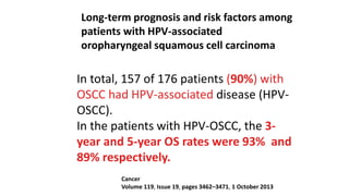 Long-term prognosis and risk factors among
patients with HPV-associated
oropharyngeal squamous cell carcinoma
Cancer
Volume 119, Issue 19, pages 3462–3471, 1 October 2013
In total, 157 of 176 patients (90%) with
OSCC had HPV-associated disease (HPV-
OSCC).
In the patients with HPV-OSCC, the 3-
year and 5-year OS rates were 93% and
89% respectively.
 