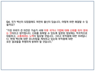 Q4. 국가 백신이 되었음에도 여전히 불신이 있습니다. 어떻게 하면 해결할 수 있
을까요?
"가장 우려가 큰 의견은 가습기 사태 이후 국가나 기업에 대해 신뢰를 하지 못하
는 것이라고 생각합니다. 신뢰를 회복할 수 있도록 잘못된 정보에는 적극적으로
대응하고, 소통하려는 노력이 필요할 것입니다. 그리고 부작용에 대한 우려입니
다. 현재 백신에 대한 모니터링을 계속하고 있는데 부작용에 대한
모든 결과들을 투명하게 밝혀야 할 것입니다."
 