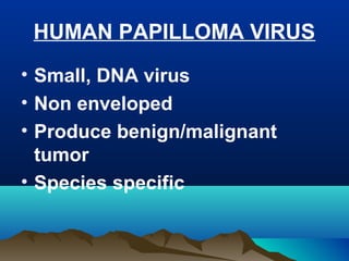 HUMAN PAPILLOMA VIRUS
• Small, DNA virus
• Non enveloped
• Produce benign/malignant
tumor
• Species specific
 