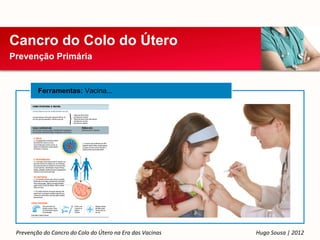 Cancro do Colo do Útero
Prevenção Primária


         Ferramentas: Vacina...




 Prevenção do Cancro do Colo do Útero na Era das Vacinas   Hugo Sousa | 2012
 