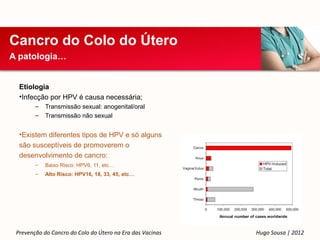 Cancro do Colo do Útero
A patologia…


  Etiologia
  •Infecção por HPV é causa necessária;
        –   Transmissão sexual: anogenital/oral
        –   Transmissão não sexual


  •Existem diferentes tipos de HPV e só alguns
  são susceptíveis de promoverem o
  desenvolvimento de cancro:
        –   Baixo Risco: HPV6, 11, etc…
        –   Alto Risco: HPV16, 18, 33, 45, etc…




 Prevenção do Cancro do Colo do Útero na Era das Vacinas   Hugo Sousa | 2012
 