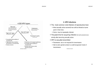8/8/2020
9
ABOUBAKR ELNASHAR
8/8/2020
10
2. HPV infections
 The most common viral infection of reproductive tract.
 Most sexually active women& men will be infected at some
point in their lives
 Some may be repeatedly infected.
 The peak time for acquiring infection (for both women& men):
shortly after becoming sexually active.
 HPV is sexually transmitted
 Penetrative sex is not required for transmission.
 Skin-to-skin genital contact is a well-recognized mode of
transmission.
ABOUBAKR ELNASHAR
 