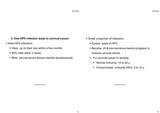 8/8/2020
11
3. How HPV infection leads to cervical cancer
 Most HPV infections
 Clear up on their own within a few months
 90% clear within 2 years.
 Most pre-cancerous lesions resolve spontaneously
ABOUBAKR ELNASHAR
8/8/2020
12
 Small proportion of infections
 Certain types of HPV
 Become ch & pre-cancerous lesions progress to
invasive cervical cancer.
 For cervical cancer to develop
 Normal immunity: 15 to 20 y
 Compromised immunity (HIV): 5 to 10 y
ABOUBAKR ELNASHAR
 
