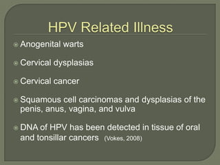 HPV Related Illness<br />Anogenital warts<br />Cervical dysplasias<br />Cervical cancer<br />Squamous cell carcinomas and ...
