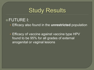 Study Results<br />FUTURE I:<br />Efficacy also found in the unrestricted population<br />Efficacy of vaccine against vacc...