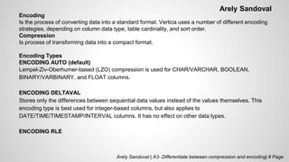 Arely Sandoval
Encoding
Is the process of converting data into a standard format. Vertica uses a number of different encoding
strategies, depending on column data type, table cardinality, and sort order.
Compression
Is process of transforming data into a compact format.
Encoding Types
ENCODING AUTO (default)
Lempel-Ziv-Oberhumer-based (LZO) compression is used for CHAR/VARCHAR, BOOLEAN,
BINARY/VARBINARY, and FLOAT columns.
ENCODING DELTAVAL
Stores only the differences between sequential data values instead of the values themselves. This
encoding type is best used for integer-based columns, but also applies to
DATE/TIME/TIMESTAMP/INTERVAL columns. It has no effect on other data types.
ENCODING RLE
Arely Sandoval | A3- Differentiate between compression and encoding| # Page
 