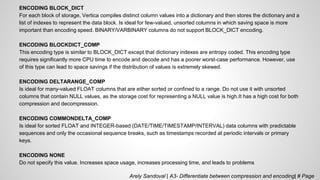 ENCODING BLOCK_DICT
For each block of storage, Vertica compiles distinct column values into a dictionary and then stores the dictionary and a
list of indexes to represent the data block. Is ideal for few-valued, unsorted columns in which saving space is more
important than encoding speed. BINARY/VARBINARY columns do not support BLOCK_DICT encoding.
ENCODING BLOCKDICT_COMP
This encoding type is similar to BLOCK_DICT except that dictionary indexes are entropy coded. This encoding type
requires significantly more CPU time to encode and decode and has a poorer worst-case performance. However, use
of this type can lead to space savings if the distribution of values is extremely skewed.
ENCODING DELTARANGE_COMP
Is ideal for many-valued FLOAT columns that are either sorted or confined to a range. Do not use it with unsorted
columns that contain NULL values, as the storage cost for representing a NULL value is high.It has a high cost for both
compression and decompression.
ENCODING COMMONDELTA_COMP
Is ideal for sorted FLOAT and INTEGER-based (DATE/TIME/TIMESTAMP/INTERVAL) data columns with predictable
sequences and only the occasional sequence breaks, such as timestamps recorded at periodic intervals or primary
keys.
ENCODING NONE
Do not specify this value. Increases space usage, increases processing time, and leads to problems
Arely Sandoval | A3- Differentiate between compression and encoding| # Page
 
