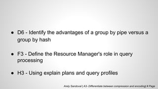 ● D6 - Identify the advantages of a group by pipe versus a
group by hash
● F3 - Define the Resource Manager's role in query
processing
● H3 - Using explain plans and query profiles
Arely Sandoval | A3- Differentiate between compression and encoding| # Page
 