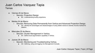 Juan Carlos Vázquez Tapia | Topic | # Page
Juan Carlos Vazquez Tapia
Temas
● Viernes 20 de Marzo
○ Sección: Projection Design
■ B5 - Understanding buddy projections.
● Martes 24 de Marzo
○ Sección: Removing Data Permanently from Vertica and Advanced Projection Design.
■ D2 - Identify the advantages and disadvantages of using delete vectors to identify records marked for
deletion.
● Miercoles 25 de Marzo
○ Sección: Cluster Management in Vertica.
■ E4 - Define local segmentation capability in Vertica.
● Jueves 26 de Marzo
○ Sección: Monitoring and Troubleshooting Vertica.
■ G4 - Defining, using and logging into Management Console.
 