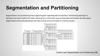 Segmentation and Partitioning
Segmentation and partitioning have opposite goals regarding data localization. Partitioning attempts to
introduce hot spots within the node, allowing for a convenient way to drop data and reclaim the disk space.
Segmentation (by hash) distributes the data evenly across all nodes in a Vertica cluster.
Carlos Leal | Segmentation and Partitioning | B6
 