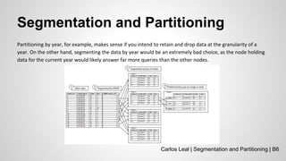 Segmentation and Partitioning
Partitioning by year, for example, makes sense if you intend to retain and drop data at the granularity of a
year. On the other hand, segmenting the data by year would be an extremely bad choice, as the node holding
data for the current year would likely answer far more queries than the other nodes.
Carlos Leal | Segmentation and Partitioning | B6
 