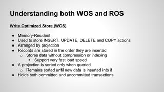 Understanding both WOS and ROS
Write Optimized Store (WOS)
● Memory-Resident
● Used to store INSERT, UPDATE, DELETE and COPY actions
● Arranged by projection
● Records are stored in the order they are inserted
o Stores data without compression or indexing
 Support very fast load speed
● A projection is sorted only when queried
o Remains sorted until new data is inserted into it
● Holds both committed and uncommitted transactions
 