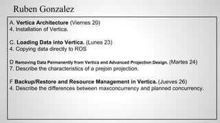 Ruben Gonzalez
A. Vertica Architecture (Viernes 20)
4. Installation of Vertica.
C. Loading Data into Vertica. (Lunes 23)
4. Copying data directly to ROS
D Removing Data Permanently from Vertica and Advanced Projection Design. (Martes 24)
7. Describe the characteristics of a prejoin projection.
F Backup/Restore and Resource Management in Vertica. (Jueves 26)
4. Describe the differences between maxconcurrency and planned concurrency.
 