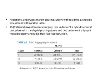 • All patients underwent margin-clearing surgery with real time pathologic
assessment with curative intent.
• 75 (95%) underwent transoral surgery, two underwent a hybrid transoral
procedure with transhyoid pharyngotomy, and two underwent a lip-split
mandibulotomy and radial free-flap reconstruction.
 