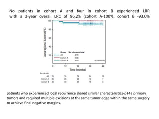 No patients in cohort A and four in cohort B experienced LRR
with a 2-year overall LRC of 96.2% (cohort A-100%; cohort B -93.0%
patients who experienced local recurrence shared similar characteristics-pT4a primary
tumors and required multiple excisions at the same tumor edge within the same surgery
to achieve final negative margins.
 