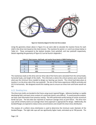 Figure 6.2 Geometry diagram for drive train force analysis

Using the geometry shown above in Figure 4.3, we were able to calculate the reaction forces for each
shaft in the drive train based on the chain tension. The reactions for points 1, 2, and 3 are shown below in
Table 6.3. These correspond to the bottom bracket, front jackshaft, and rear jackshaft respectively.
Details regarding the geometry of Figure 6.2 can be found in Appendix J.


                Table 6.3 Chain tensions, shaft loads, and reaction forces based on 500lbf Pedaling Force
                                   Tension             Vertical Shaft Loads          Horizontal Shaft
               Location              [lb]                       [lb]                   Loads [lb]
                  1                  855                       -219                       -827
                  2                  855                       -391                        227
                  3                  684                        735                        -73

The reactionary loads on the drive and non drive side of the frame were calculated from the vertical loads,
horizontal loads, and length of the shafts. This informed us where the critical sections were located and
what was the minimum force needed to design our bearing cup mounts. The critical load takes place at
location 3, on the drive side of the rear jackshaft. The skin of the frame experiences 1038 lb vertically and
411 lb horizontally. We designed around this loading case to ensure our drive train and frame would not
fail.

6.2.2 Bonding Area
The drive train shafts are bonded to the frame using round, tapered flanges. Adhesive bonding is a rapidly
developing field, and exact stress analysis of a particular bond is very difficult. To avoid excessive analysis,
we have used information from previous testing. The HPV performed careful testing of similar aluminum
bonds last year. The test data was reported as maximum average stress at joint failure. The drive train
cups will be similarly sized so an average shear stress approach is appropriate for design. Additionally, the
bonded flanges are tapered to reduce stress concentrations and smooth the shear stress distribution.

The analysis of a uniform stress distribution is used to determine the minimum outer diameter of the
bonded flanges. The right side cups will see significantly higher loads, estimated up to 740 pounds. The


Page | 33
 