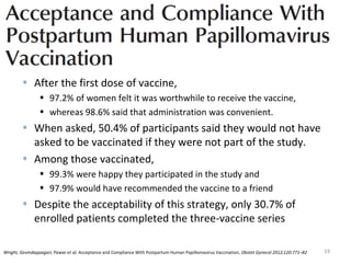 • After the first dose of vaccine,
• 97.2% of women felt it was worthwhile to receive the vaccine,
• whereas 98.6% said that administration was convenient.
• When asked, 50.4% of participants said they would not have
asked to be vaccinated if they were not part of the study.
• Among those vaccinated,
• 99.3% were happy they participated in the study and
• 97.9% would have recommended the vaccine to a friend
• Despite the acceptability of this strategy, only 30.7% of
enrolled patients completed the three-vaccine series
19Wright, Govindappagari, Pawar et al, Acceptance and Compliance With Postpartum Human Papillomavirus Vaccination, Obstet Gynecol 2012;120:771–82
 