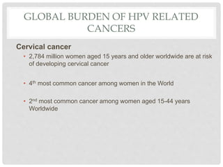 GLOBAL BURDEN OF HPV RELATED
CANCERS
Cervical cancer
• 2,784 million women aged 15 years and older worldwide are at risk
of developing cervical cancer
• 4th most common cancer among women in the World
• 2nd most common cancer among women aged 15-44 years
Worldwide
 