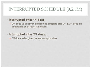 INTERRUPTED SCHEDULE (0,2,6M)
• Interrupted after 1st dose:
• 2nd dose to be given as soon as possible and 2nd & 3rd dose be
separated by at least 12 weeks
• Interrupted after 2nd dose:
• 3rd dose to be given as soon as possible
 