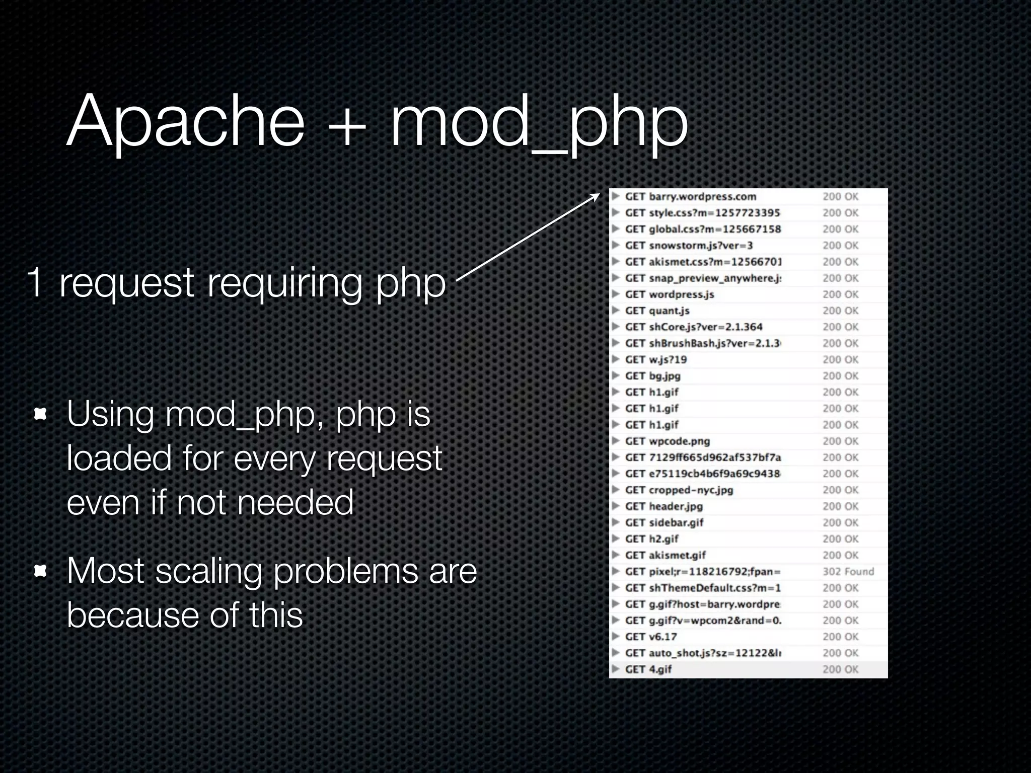 Apache + mod_php

1 request requiring php


  Using mod_php, php is
  loaded for every request
  even if not needed
  Most scaling problems are
  because of this
 