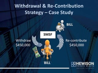 Withdrawal & Re-Contribution
    Strategy – Case Study

                     BILL

           SMSF
Withdraw            Re-contribute
$450,000              $450,000



           BILL
 