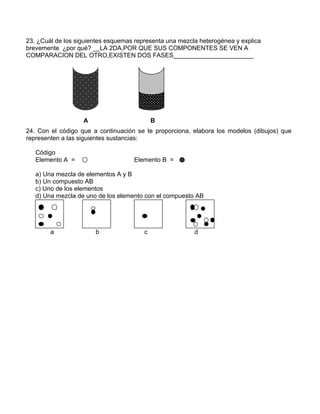 23. ¿Cuál de los siguientes esquemas representa una mezcla heterogénea y explica
brevemente ¿por qué? __LA 2DA,POR QUE SUS COMPONENTES SE VEN A
COMPARACION DEL OTRO,EXISTEN DOS FASES_______________________
A B
24. Con el código que a continuación se te proporciona, elabora los modelos (dibujos) que
representen a las siguientes sustancias:
Código
Elemento A = Elemento B =
a) Una mezcla de elementos A y B
b) Un compuesto AB
c) Uno de los elementos
d) Una mezcla de uno de los elemento con el compuesto AB
a b c d
 