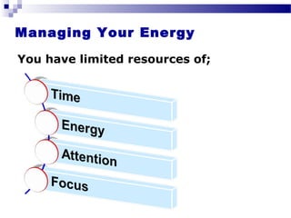 You have limited resources of;
Managing Your Energy
 