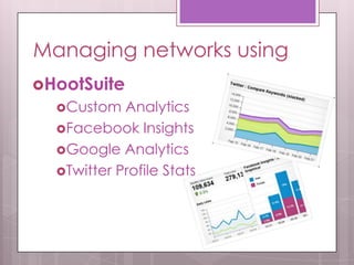 Managing networks using
HootSuite
Custom Analytics
Facebook Insights
Google Analytics
Twitter Profile Stats
 