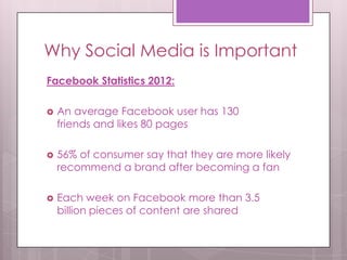Why Social Media is Important
Facebook Statistics 2012:
 An average Facebook user has 130
friends and likes 80 pages
 56% of consumer say that they are more likely
recommend a brand after becoming a fan
 Each week on Facebook more than 3.5
billion pieces of content are shared
 