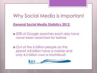 Why Social Media is Important
General Social Media Statistics 2012:
 20% of Google searches each day have
never been searched for before
 Out of the 6 billion people on the
planet 4.8 billion have a mobile and
only 4.2 billion own a toothbrush
 