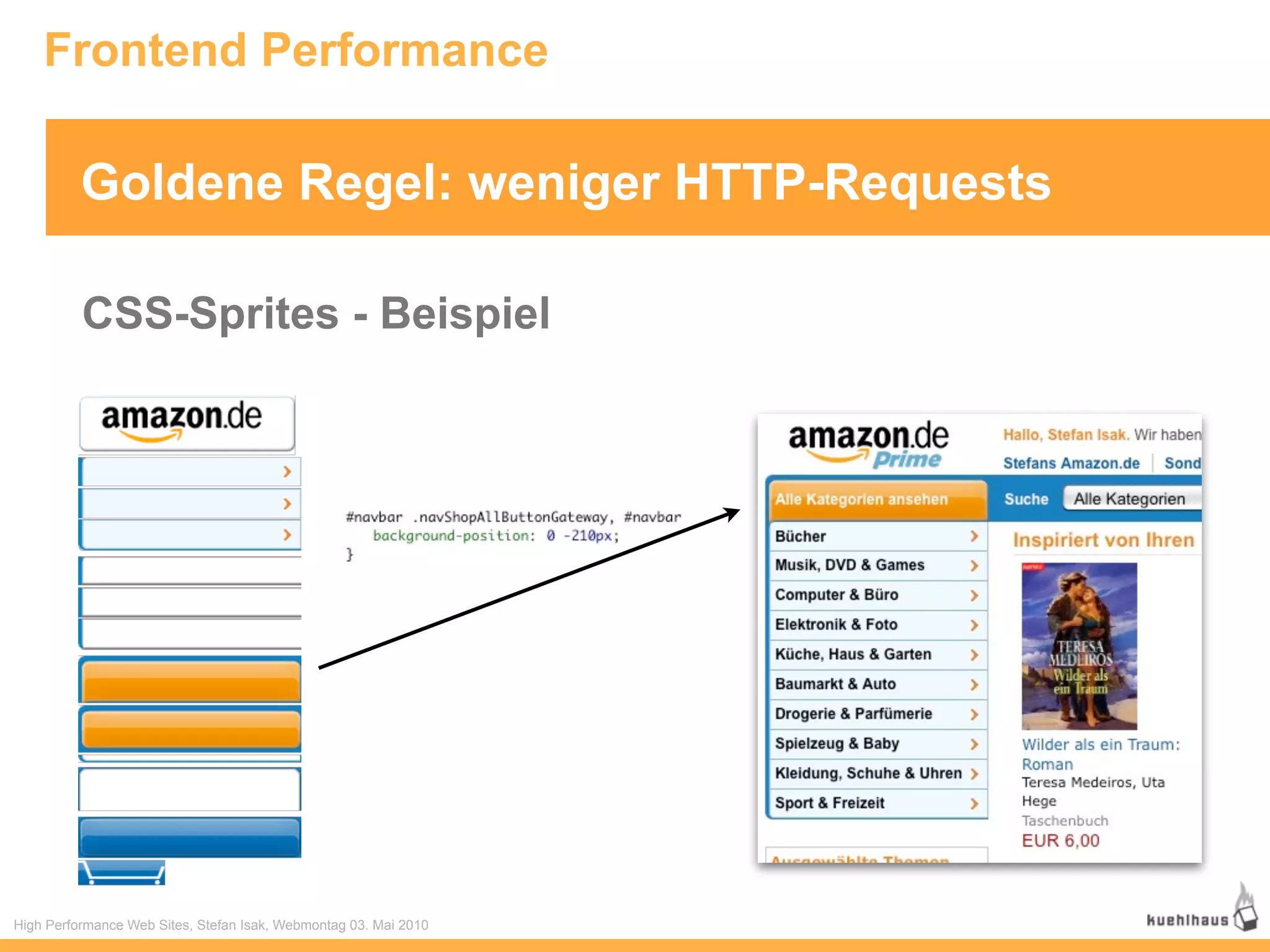 Frontend Performance

          Goldene Regel: weniger HTTP-Requests

          CSS-Sprites - Beispiel




High Performance Web Sites, Stefan Isak, Webmontag 03. Mai 2010
 