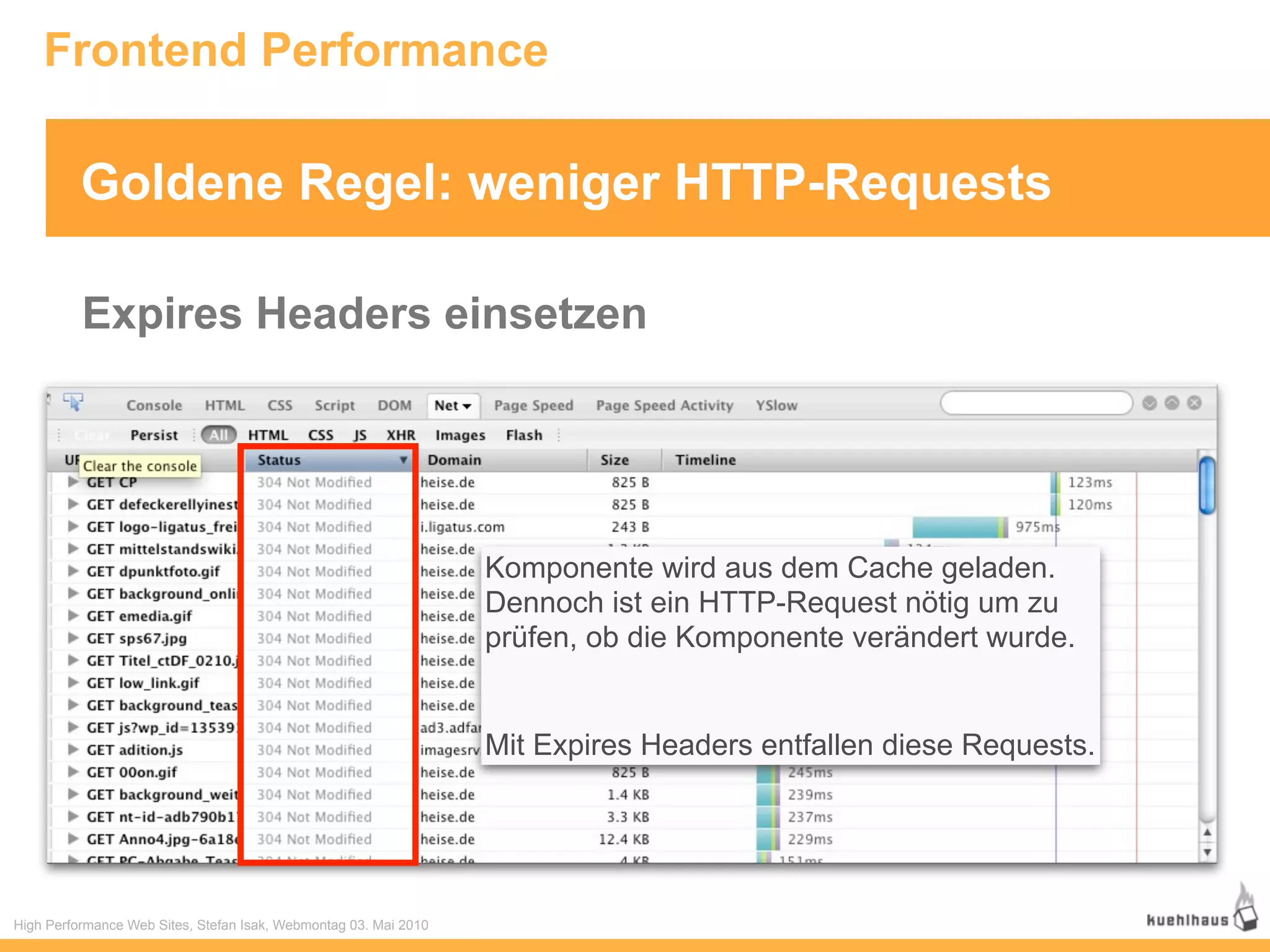 Frontend Performance

          Goldene Regel: weniger HTTP-Requests

          Expires Headers einsetzen




                                                                  Komponente wird aus dem Cache geladen.
                                                                  Dennoch ist ein HTTP-Request nötig um zu
                                                                  prüfen, ob die Komponente verändert wurde.


                                                                  Mit Expires Headers entfallen diese Requests.




High Performance Web Sites, Stefan Isak, Webmontag 03. Mai 2010
 