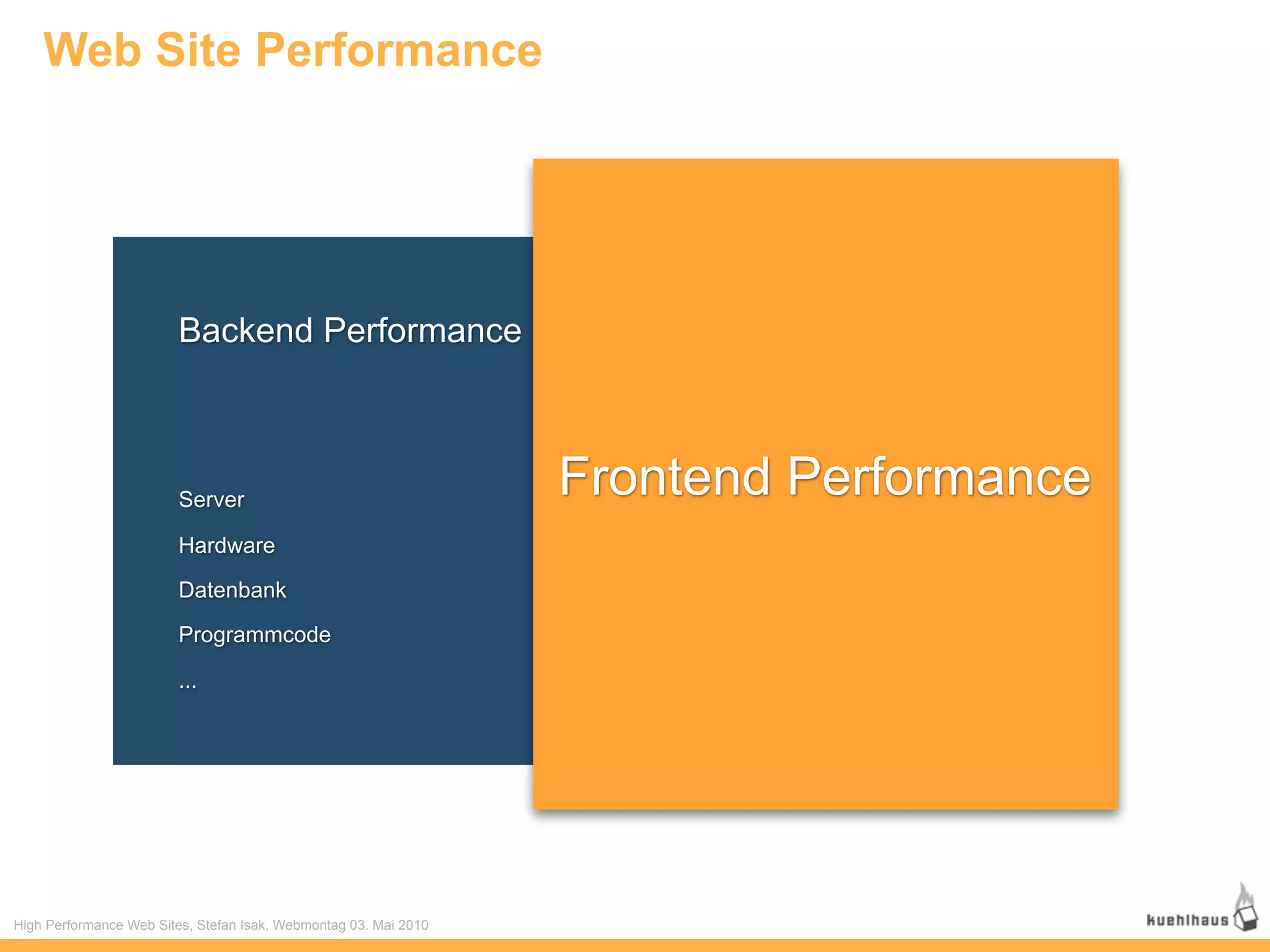 Web Site Performance




                         Backend Performance



                         Server
                                                                  Frontend Performance
                         Hardware

                         Datenbank

                         Programmcode

                         ...




High Performance Web Sites, Stefan Isak, Webmontag 03. Mai 2010
 