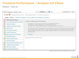 Frontend Performance - Analyse mit YSlow
    Beispiel - heise.de




                                                                  heise.de 02.05.2010, DSL 16.000 kbit/s, voller Cache




High Performance Web Sites, Stefan Isak, Webmontag 03. Mai 2010
 