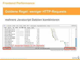 Frontend Performance

          Goldene Regel: weniger HTTP-Requests

          mehrere Javascript Dateien kombinieren




                          27 Javascript Dateien für die Startseite

                                                                     heise.de 02.05.2010, DSL 16.000 kbit/s, voller Cache




High Performance Web Sites, Stefan Isak, Webmontag 03. Mai 2010
 
