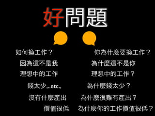 好問題
如何換工作？           你為什麼要換工作？
因為   不是我         為什麼   不是你
理想中的工作           理想中的工作？
 錢太少,..etc.,    為什麼錢太少？
  沒有什麼產出       為什麼很難有產出？
      價值很低     為什麼你的工作價值很低？
 