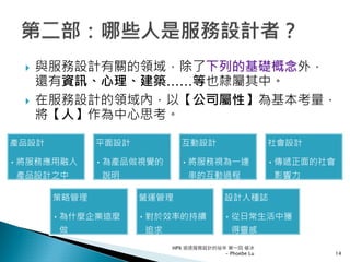 與服務設計有關的領域，除了下列的基礎概念外，
還有資訊、心理、建築……等也隸屬其中。
在服務設計的領域內，以【公司屬性】為基本考量，
將【人】作為中心思考。
HPX 追逐服務設計的祕辛 第一回 破冰
- Phoebe Lu 14
產品設計
•將服務應用融入
產品設計之中
平面設計
•為產品做視覺的
說明
互動設計
•將服務視為一連
串的互動過程
社會設計
•傳遞正面的社會
影響力
策略管理
•為什麼企業這麼
做
營運管理
•對於效率的持續
追求
設計人種誌
•從日常生活中獲
得靈感
 