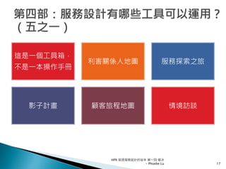 這是一個工具箱，
不是一本操作手冊
利害關係人地圖 服務探索之旅
影子計畫 顧客旅程地圖 情境訪談
HPX 追逐服務設計的祕辛 第一回 破冰
- Phoebe Lu 17
 